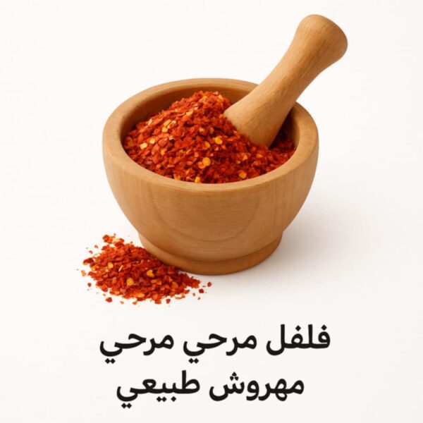 صورة لمرحي خشبي مع فلفل مرحي مهروش على خلفية بيضاء